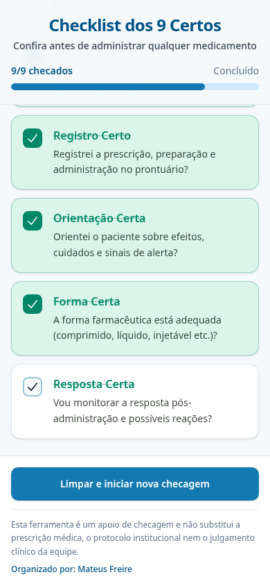 Tela real do Checklist dos 9 Certos com 9/9 checados